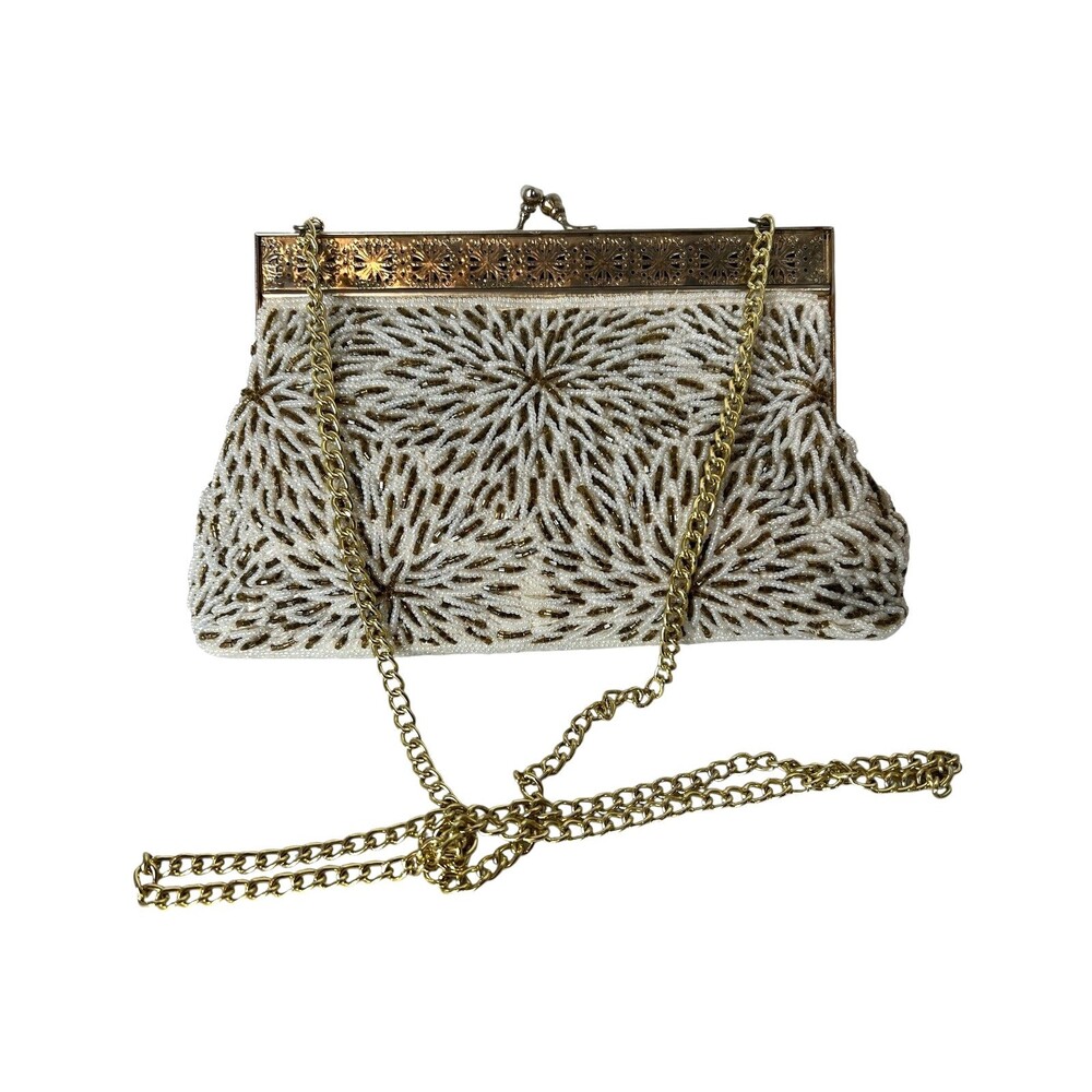 Ed B. Robinson Vintage White & Gold Beaded Evening Hinged Clutch w Chain Strap